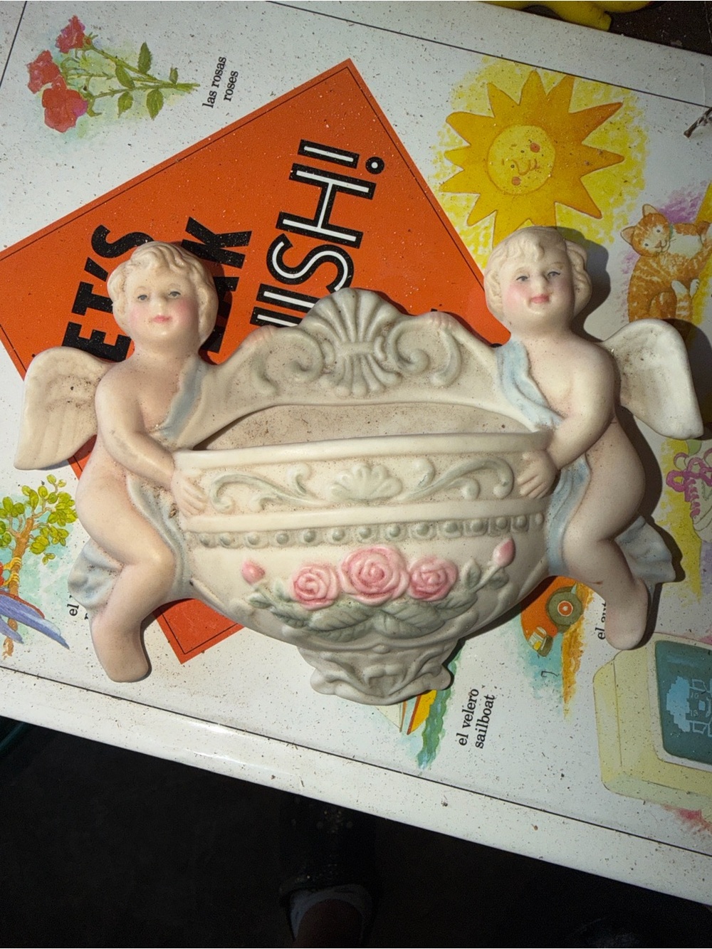 Vintage Porcelain Cherub Wall Pocket Planter with Pink Roses